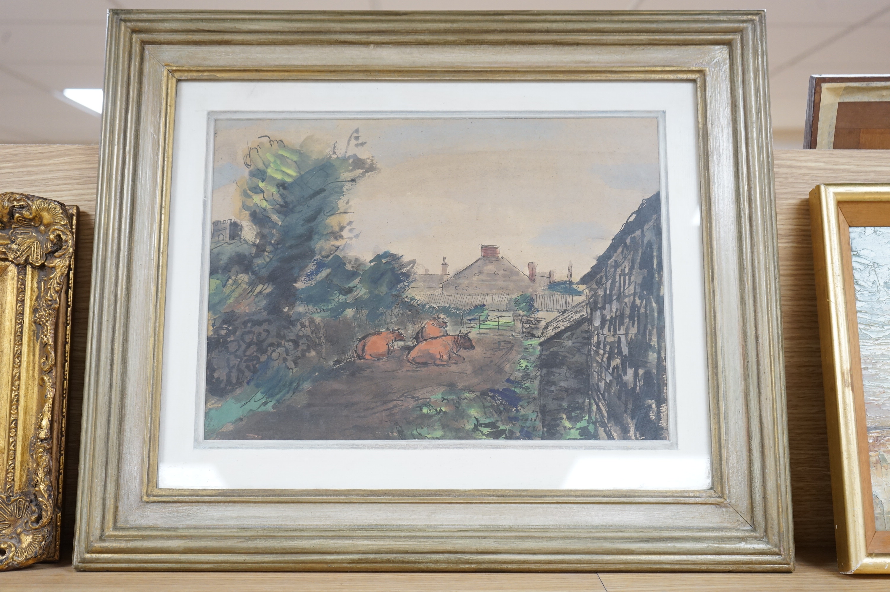 Ruskin Spear (1911-1990), ink and watercolour, Farmstead with cattle, unsigned, inscribed verso, 27 x 36cm. Condition - fair, some discolouration throughout